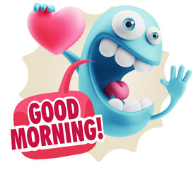 3d Rendering. Emoji in love holding heart shape saying Good Morn