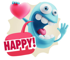 3d Rendering. Emoji in love holding heart shape saying Happy wit