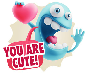 3d Rendering. Emoji in love holding heart shape saying You Are C