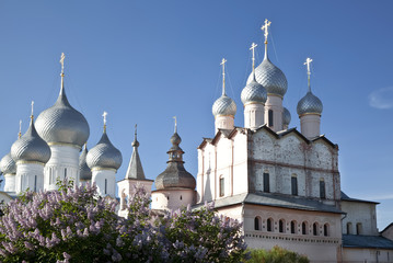 Fototapeta na wymiar Top view of the domes of the cathedrals in the Kremlin, Rostov the Great, Russia