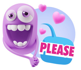 3d Rendering. Romantic Emoticon Character Face Expression with h