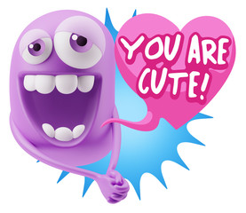 3d Rendering. Romantic Emoticon Character Face Expression with h