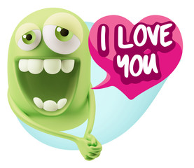 3d Rendering. Romantic Emoticon Character Face Expression with h