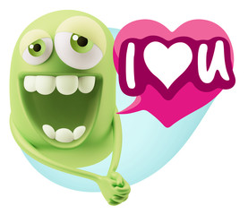 3d Rendering. Romantic Emoticon Character Face Expression with h