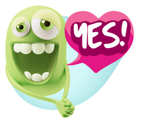 3d Rendering. Romantic Emoticon Character Face Expression with h