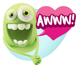 3d Rendering. Romantic Emoticon Character Face Expression with h