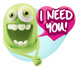 3d Rendering. Romantic Emoticon Character Face Expression with h