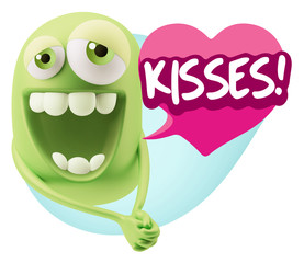 3d Rendering. Romantic Emoticon Character Face Expression with h