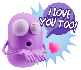 3d Rendering. Love Emoticon Face Kiss Flying Heart Shape saying