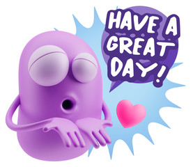 3d Rendering. Love Emoticon Face Kiss Flying Heart Shape saying