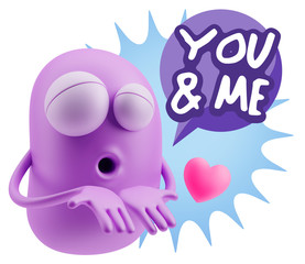 3d Rendering. Love Emoticon Face Kiss Flying Heart Shape saying