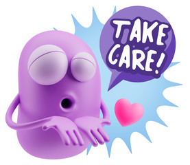 3d Rendering. Love Emoticon Face Kiss Flying Heart Shape saying
