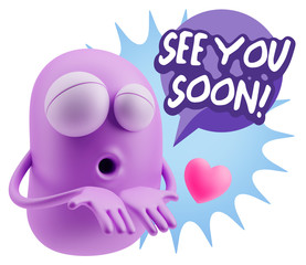 3d Rendering. Love Emoticon Face Kiss Flying Heart Shape saying