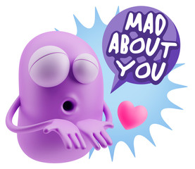 3d Rendering. Love Emoticon Face Kiss Flying Heart Shape saying