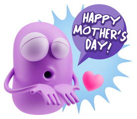 3d Rendering. Love Emoticon Face Kiss Flying Heart Shape saying