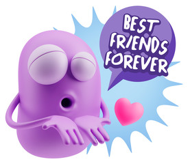 3d Rendering. Love Emoticon Face Kiss Flying Heart Shape saying