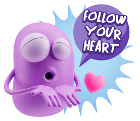 3d Rendering. Love Emoticon Face Kiss Flying Heart Shape saying