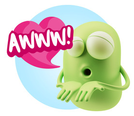 3d Rendering. Love Emoticon Face Kiss Flying Heart Shape saying