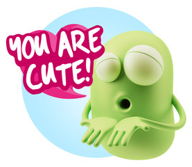 3d Rendering. Love Emoticon Face Kiss Flying Heart Shape saying