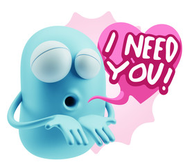3d Rendering. Love Emoticon Face Kiss Flying Heart Shape saying