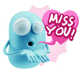 3d Rendering. Love Emoticon Face Kiss Flying Heart Shape saying