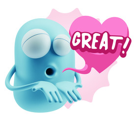 3d Rendering. Love Emoticon Face Kiss Flying Heart Shape saying