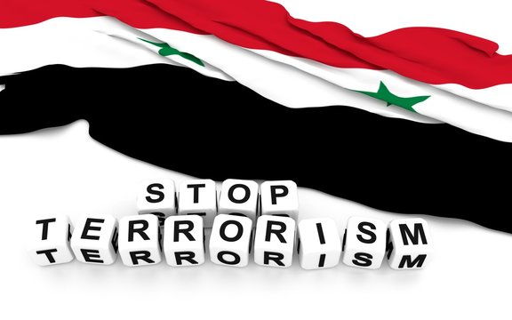 Syria flag and write stop terrorism. 3D rendering.