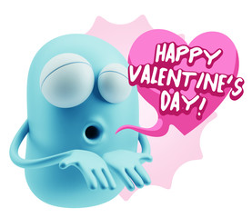 3d Rendering. Love Emoticon Face Kiss Flying Heart Shape saying