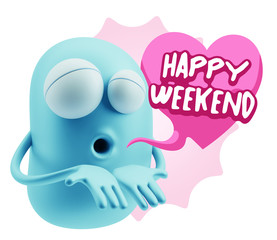 3d Rendering. Love Emoticon Face Kiss Flying Heart Shape saying