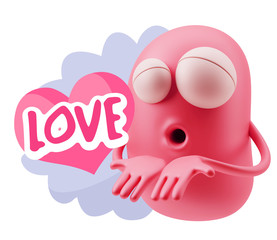 3d Rendering. Love Emoticon Face Kiss Flying Heart Shape saying