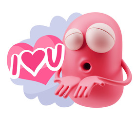 3d Rendering. Love Emoticon Face Kiss Flying Heart Shape saying