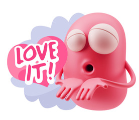 3d Rendering. Love Emoticon Face Kiss Flying Heart Shape saying