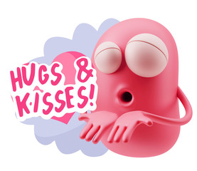 3d Rendering. Love Emoticon Face Kiss Flying Heart Shape saying