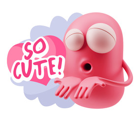 3d Rendering. Love Emoticon Face Kiss Flying Heart Shape saying