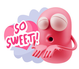 3d Rendering. Love Emoticon Face Kiss Flying Heart Shape saying