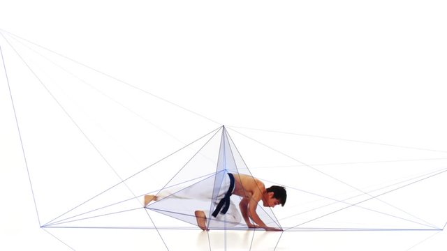 Karate man with a abstract line. White background