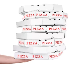 Cercles muraux Pizzeria Hand holding pizza boxes isolated on white