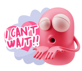 3d Rendering. Love Emoticon Face Kiss Flying Heart Shape saying