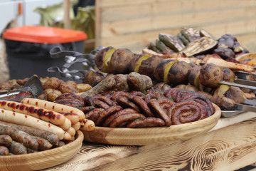 Sausages and meat on the counter. Food