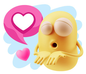 3d Rendering. Love Emoticon Face Kiss Flying Heart Shape saying
