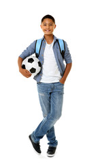 African American boy with soccer ball, isolated on white