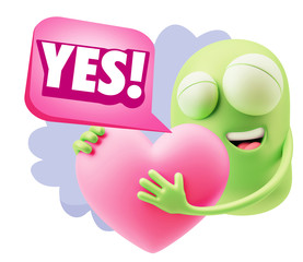 3d Rendering. Emoji in love holding heart shape saying Yes with