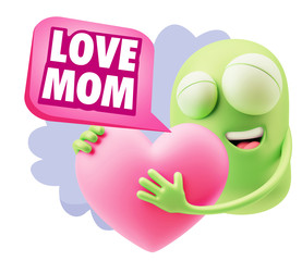 3d Rendering. Emoji in love holding heart shape saying Love Mom