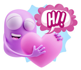 3d Rendering. Emoji in love holding heart shape saying Hi with C