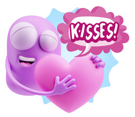 3d Rendering. Emoji in love holding heart shape saying Kisses wi