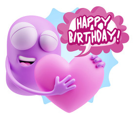 3d Rendering. Emoji in love holding heart shape saying Happy Bir