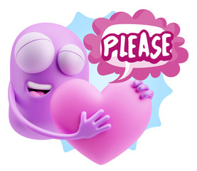 3d Rendering. Emoji in love holding heart shape saying Please wi
