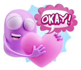 3d Rendering. Emoji in love holding heart shape saying Okay with