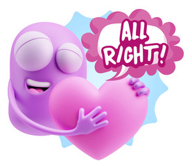 3d Rendering. Emoji in love holding heart shape saying All Right