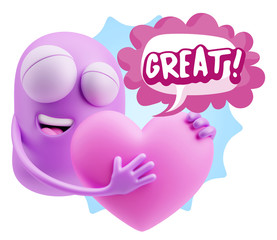 3d Rendering. Emoji in love holding heart shape saying Great wit